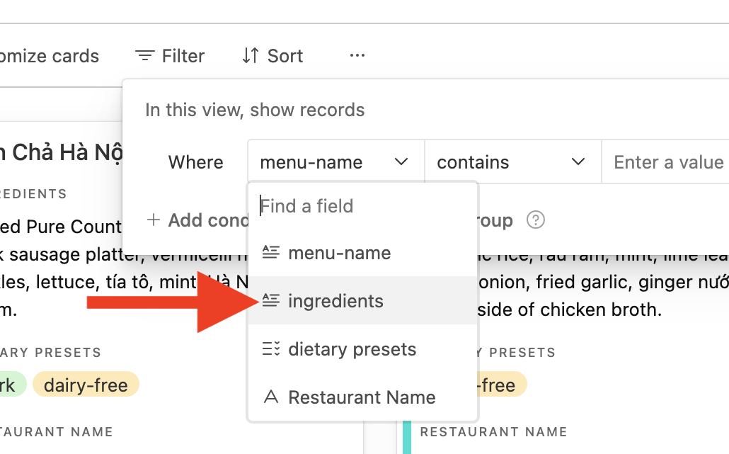 Cropped screenshot of the 'Lettuce Eat' filtering platform, with the search filter dialogue open, with a dropdown of all the filtering options and a red arrow pointing to the option that says 'Ingredients'.