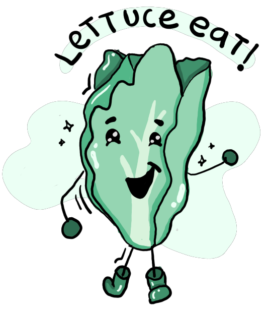 A lettuce character smiling and waving hands. Above it says Lettuce eat!